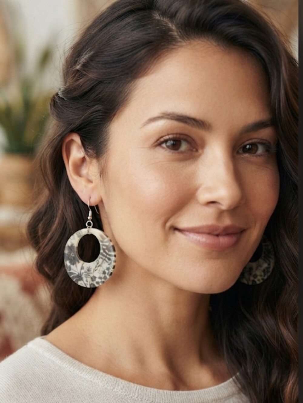 Boho Black & Gray Floral Resin Hoop Drop Earrings /3" Botanical Print